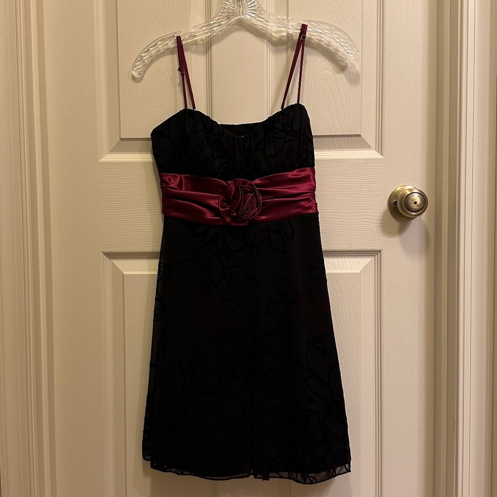 Black Dress with Burgundy Sash - Women's Spaghetti Strap Cocktail Dress